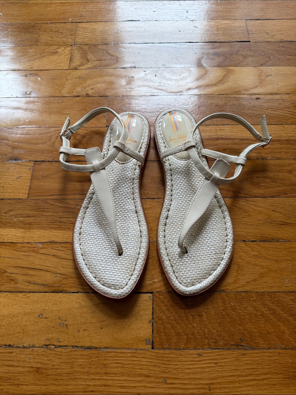 Sam Edelman Cream Woven T‑Strap Sandals